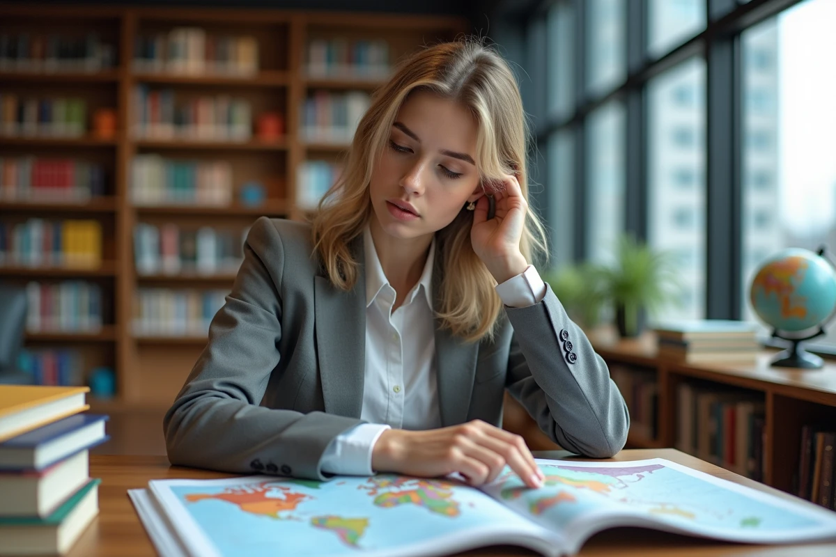 Jeune femme &eacute;tudie une carte dans une biblioth&egrave;que moderne