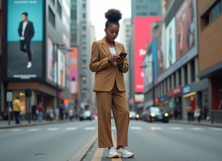 Jeune femme en blazer large et sneakers dans la ville moderne