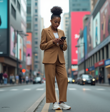 Jeune femme en blazer large et sneakers dans la ville moderne