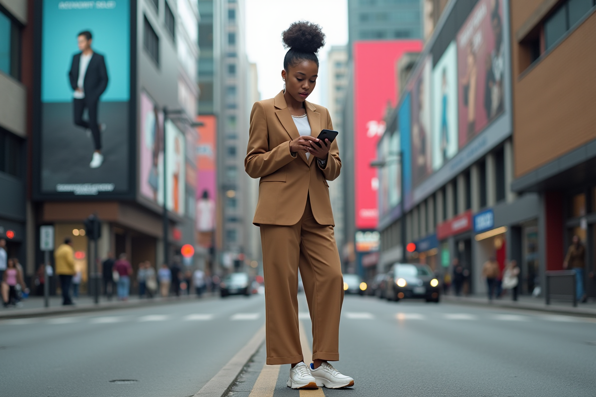 Jeune femme en blazer large et sneakers dans la ville moderne