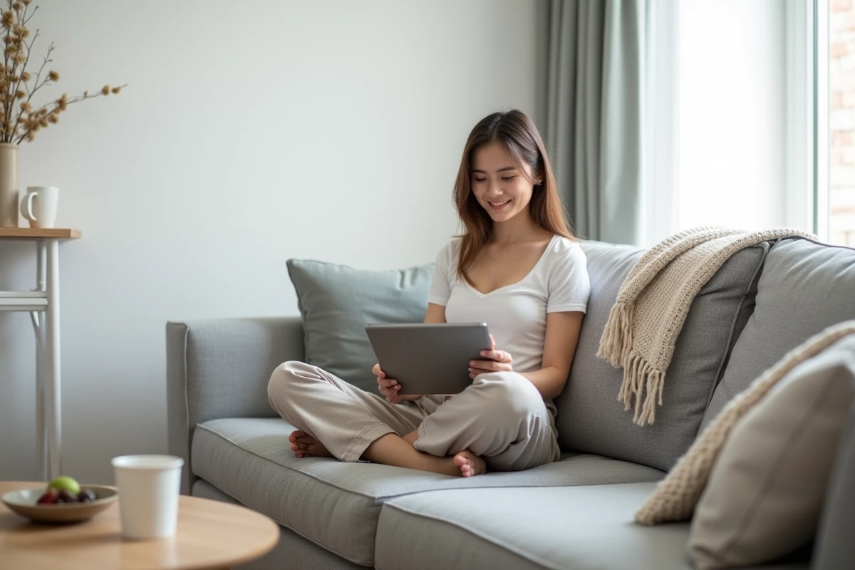 Jeune femme parcourant le site Gospi sur une tablette dans un salon minimaliste scandinave