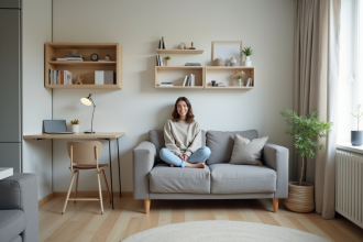 Jeune femme dans un studio moderne organise des étagères