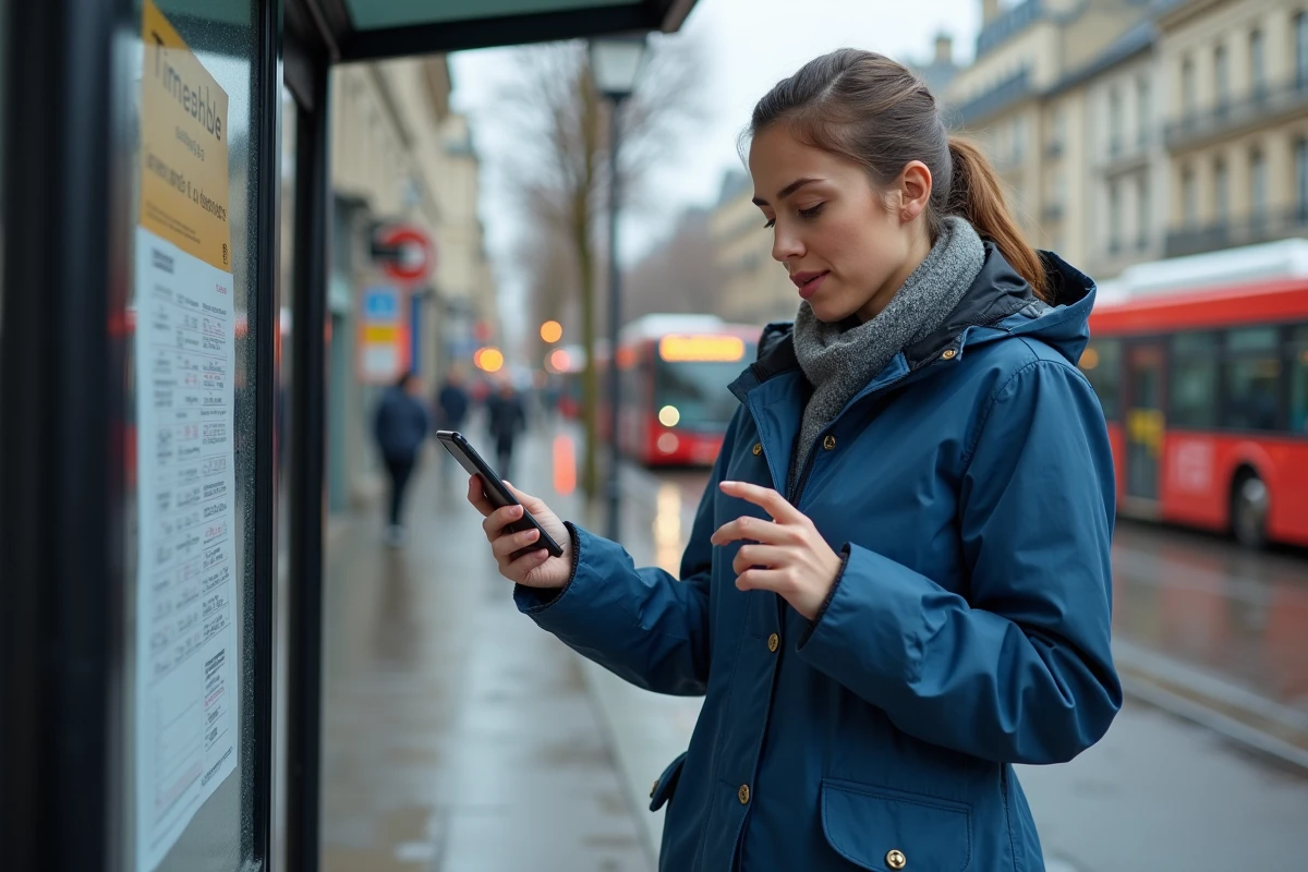 Jeune femme à un arrêt de bus parisien sous la pluie