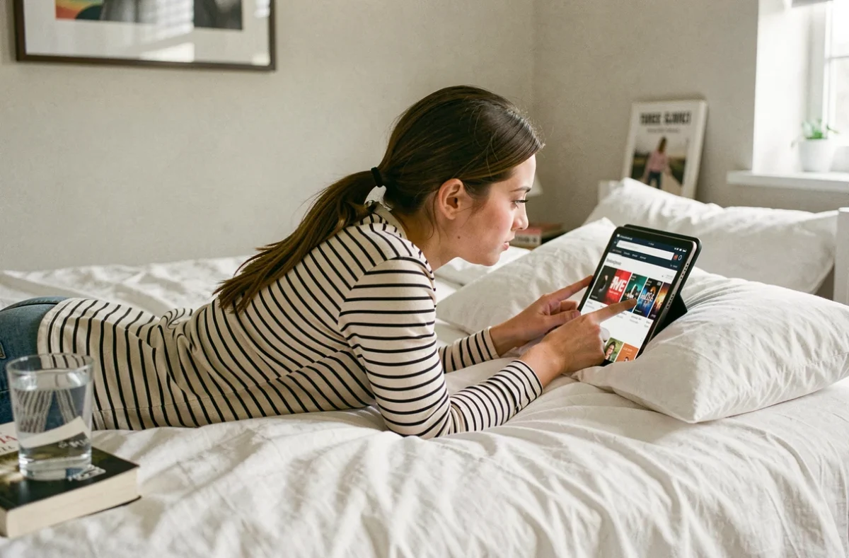 Jeune femme parcourant un site de cinéma sur tablette allongée sur son lit