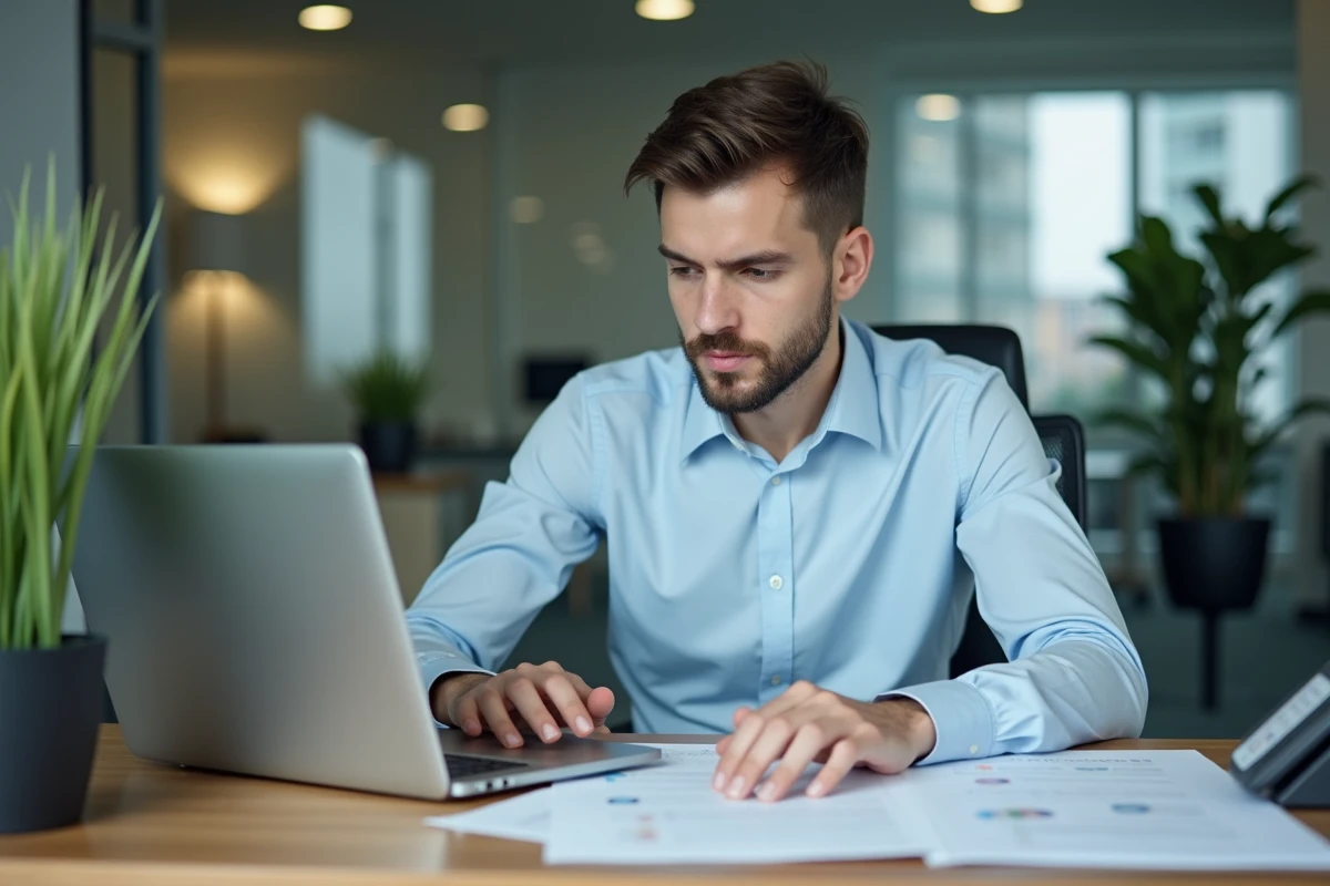 Jeune homme au bureau avec documents et ordinateur portable