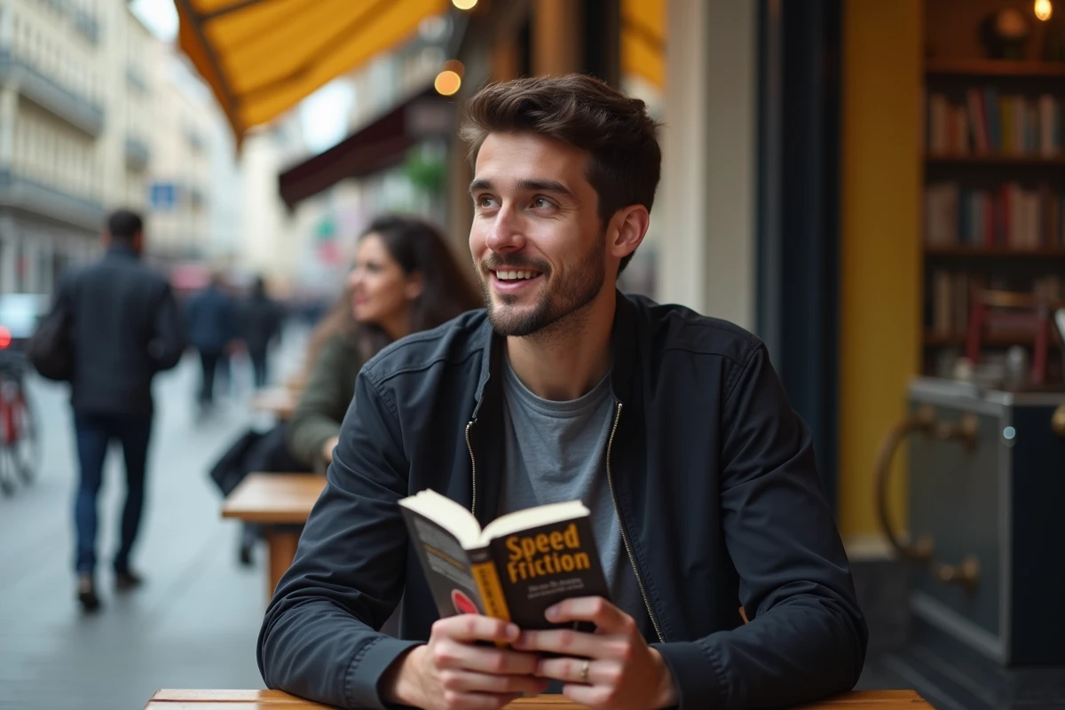 Jeune homme discutant avec un ami au caf&eacute; avec livre &agrave; la main