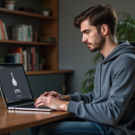 Jeune homme au bureau à domicile utilisant un VPN