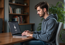 Jeune homme au bureau à domicile utilisant un VPN
