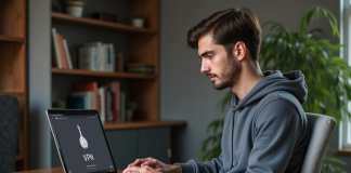 Jeune homme au bureau à domicile utilisant un VPN