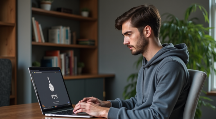 Jeune homme au bureau à domicile utilisant un VPN