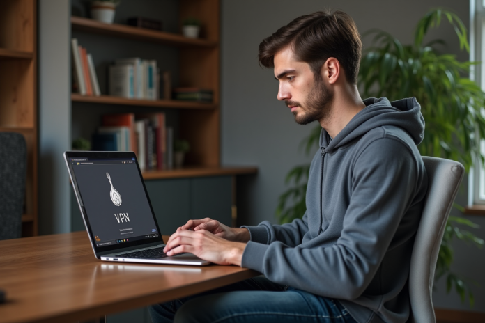 Jeune homme au bureau à domicile utilisant un VPN