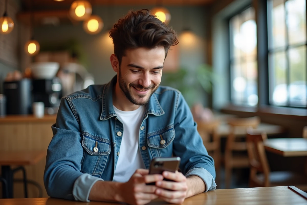 Jeune homme souriant en train de lire un webtoon scan VF sur son téléphone dans un café, illustrant la lecture mobile de Just Friends