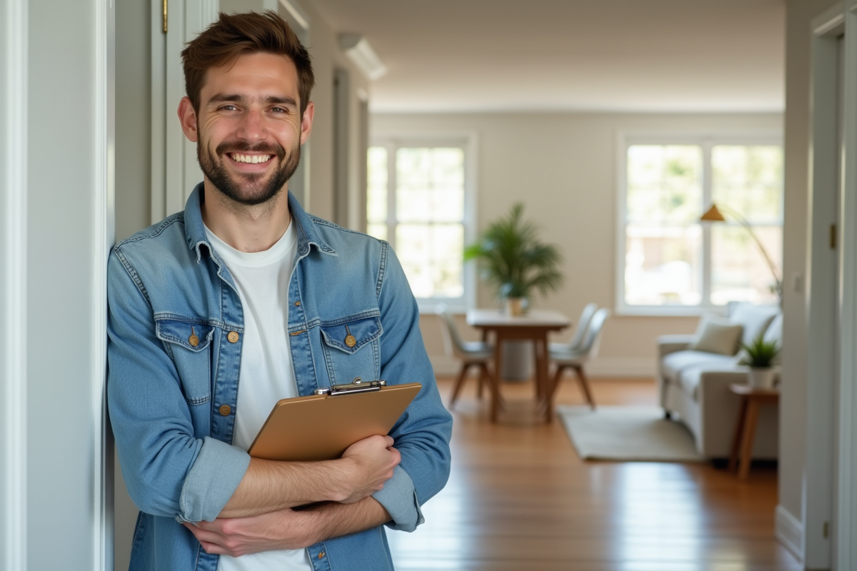 Jeune homme souriant avec clés dans un appartement rénové