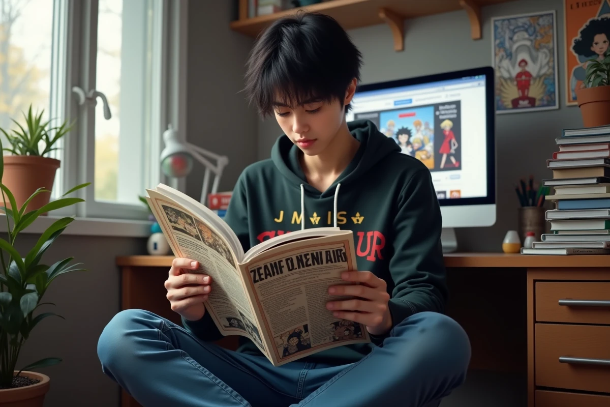 Jeune homme lisant un manga One Piece en français