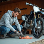 Jeune homme nettoyant la chaîne d'une moto tout-terrain CRZ 125