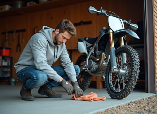 Jeune homme nettoyant la chaîne d'une moto tout-terrain CRZ 125
