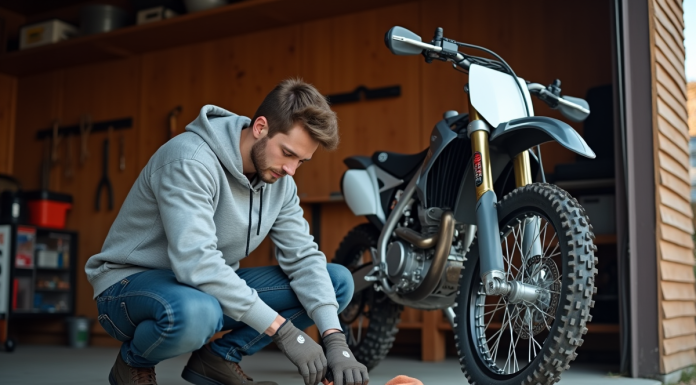 Jeune homme nettoyant la chaîne d'une moto tout-terrain CRZ 125