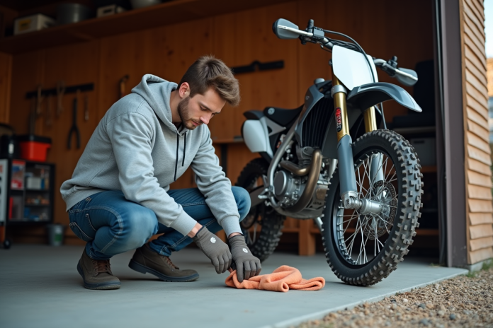Jeune homme nettoyant la chaîne d'une moto tout-terrain CRZ 125