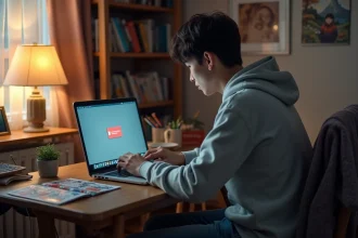 Jeune homme frustré devant son ordinateur avec manga à côté