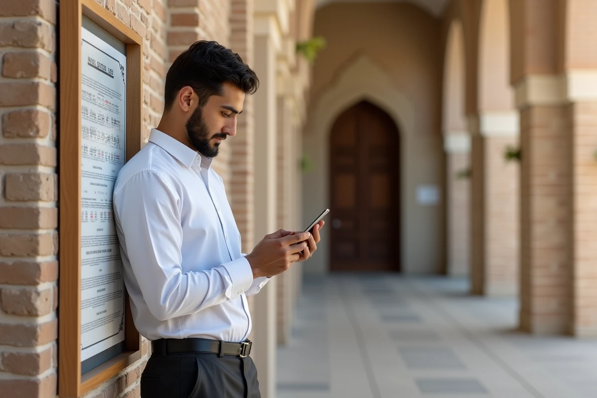 Jeune homme musulman regardant son smartphone devant une mosquee