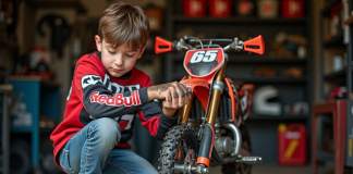 Comment entretenir efficacement la mini-moto de votre jeune pilote Garçon de 10 ans nettoyant la chaîne d'un petit dirt bike