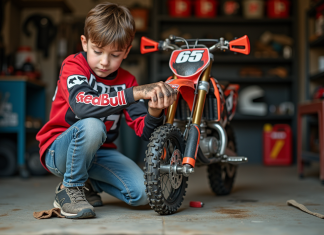 Comment entretenir efficacement la mini-moto de votre jeune pilote Garçon de 10 ans nettoyant la chaîne d'un petit dirt bike