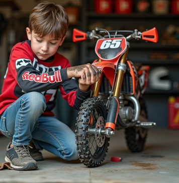 Comment entretenir efficacement la mini-moto de votre jeune pilote Garçon de 10 ans nettoyant la chaîne d'un petit dirt bike