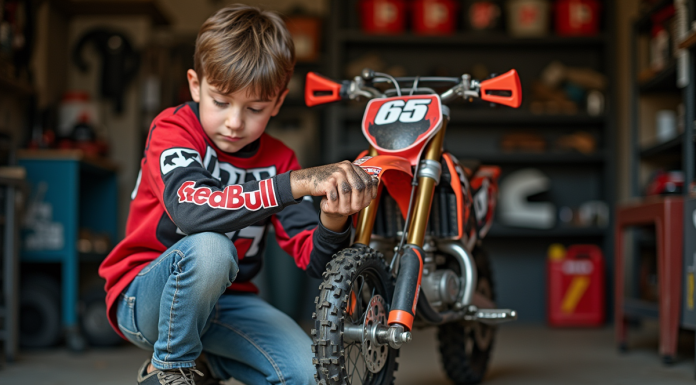 Comment entretenir efficacement la mini-moto de votre jeune pilote Garçon de 10 ans nettoyant la chaîne d'un petit dirt bike