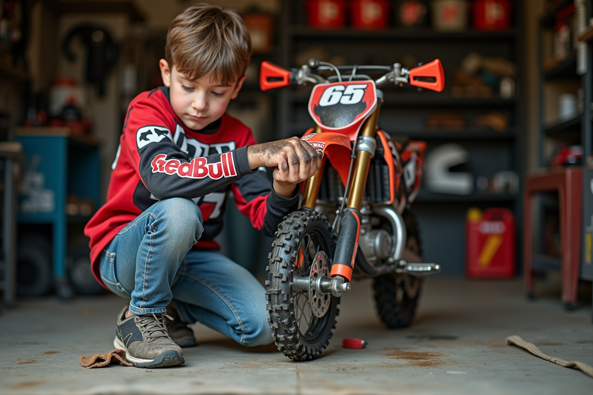 Garçon de 10 ans nettoyant la chaîne d'un petit dirt bike