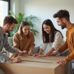 Jeunes adultes assemblant un meuble dans un salon lumineux