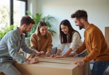 Jeunes adultes assemblant un meuble dans un salon lumineux