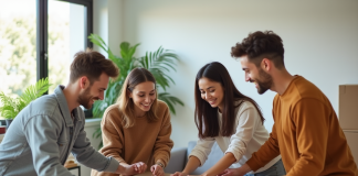 Jeunes adultes assemblant un meuble dans un salon lumineux