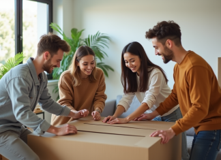 Colocation : meubler, organiser et justifier sous le même toit sans stress ! Jeunes adultes assemblant un meuble dans un salon lumineux