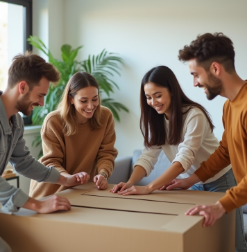 Colocation : meubler, organiser et justifier sous le même toit sans stress ! Jeunes adultes assemblant un meuble dans un salon lumineux
