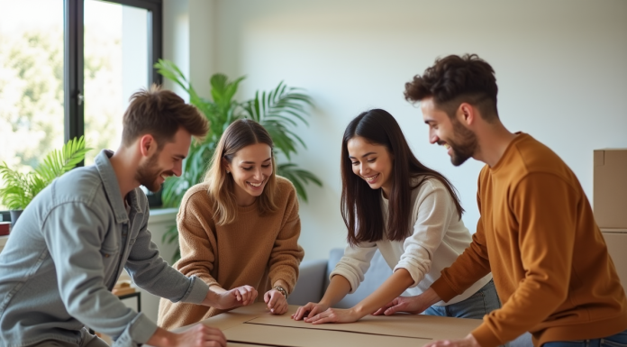 Jeunes adultes assemblant un meuble dans un salon lumineux