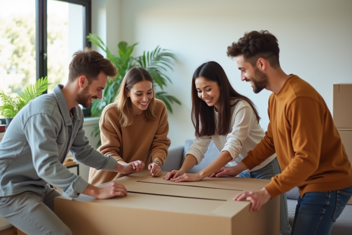 jeunes-adultes-meuble-assemble Jeunes adultes assemblant un meuble dans un salon lumineux