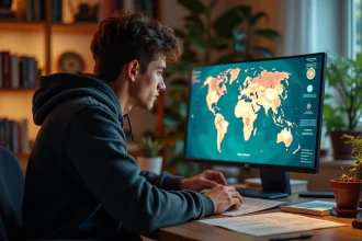 Joueur adulte consultant une carte de portails de jeu vidéo fantasy sur son ordinateur dans un bureau à domicile
