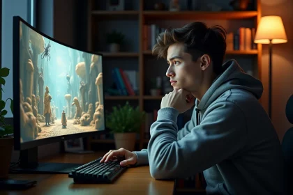 Joueur adulte concentré devant un écran affichant un univers fantasy peint, réfléchissant à la durée de son jeu vidéo