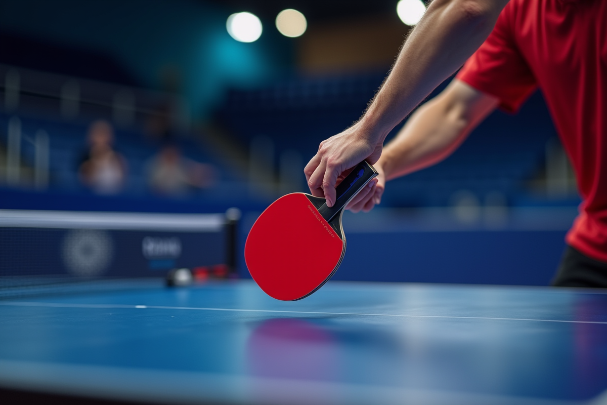 Main d’un joueur de tennis de table choisissant une raquette en intérieur