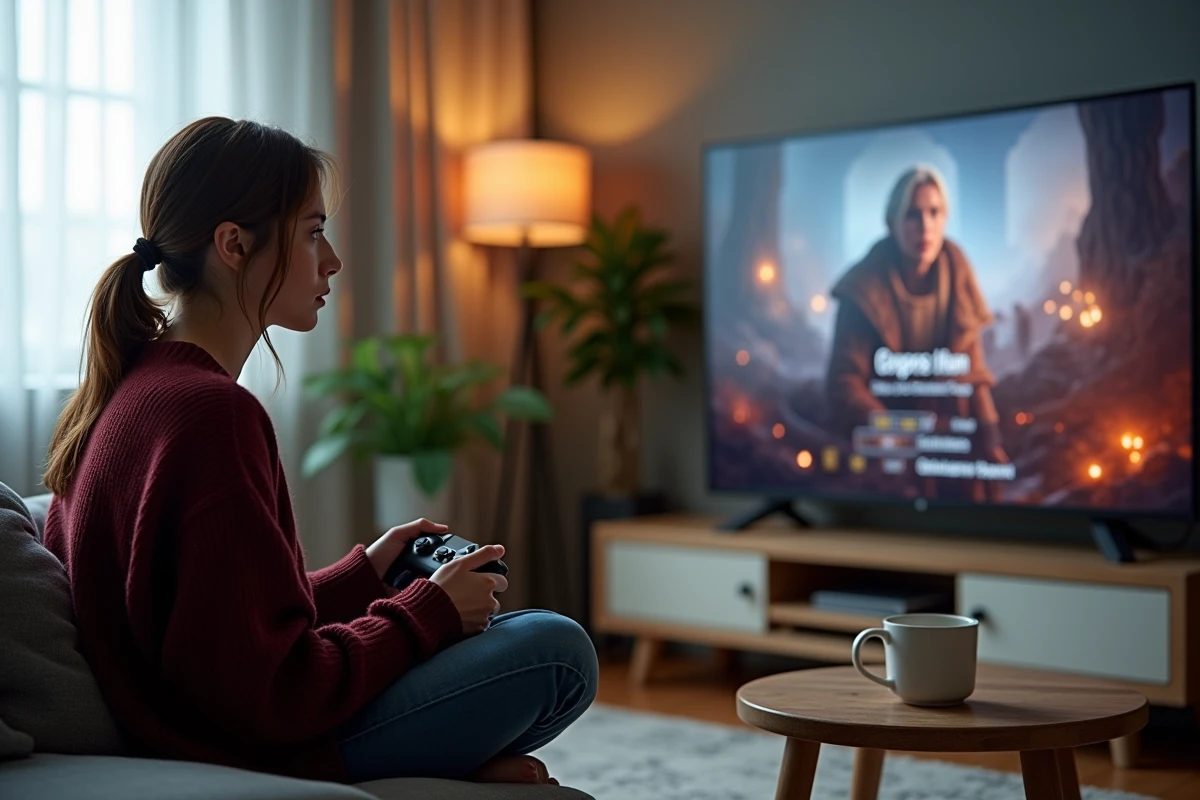 Femme joueuse sur canapé tenant une manette face à un menu de RPG affichant la sélection des actes du jeu
