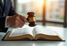 Main de juge avec maillet sur un livre de droit