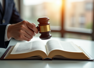 Main de juge avec maillet sur un livre de droit