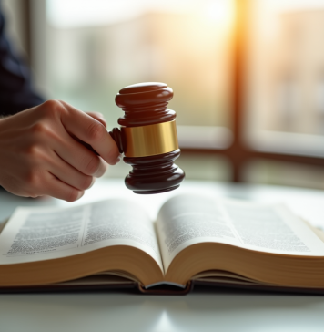Main de juge avec maillet sur un livre de droit
