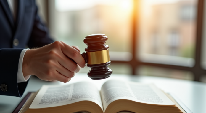Main de juge avec maillet sur un livre de droit