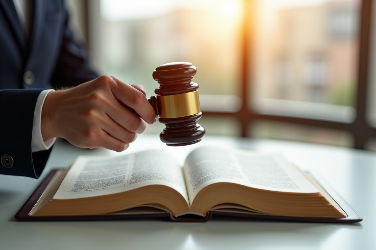Main de juge avec maillet sur un livre de droit