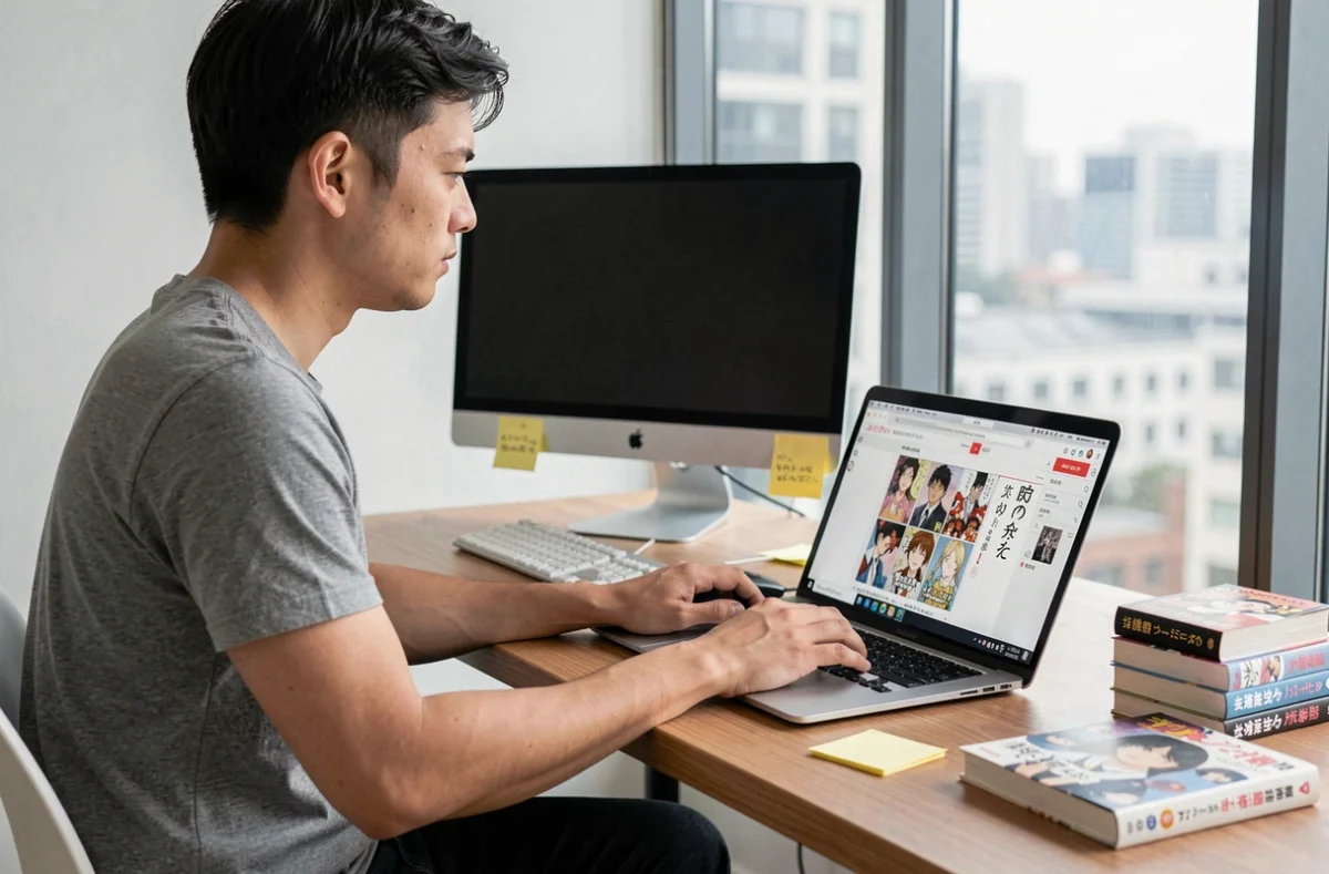 Homme adulte lisant des mangas légaux en ligne sur un ordinateur portable dans un bureau minimaliste