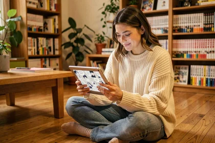 Jeune femme lisant un manga en VF sur une tablette dans son salon, entourée de volumes de manga sur des étagères