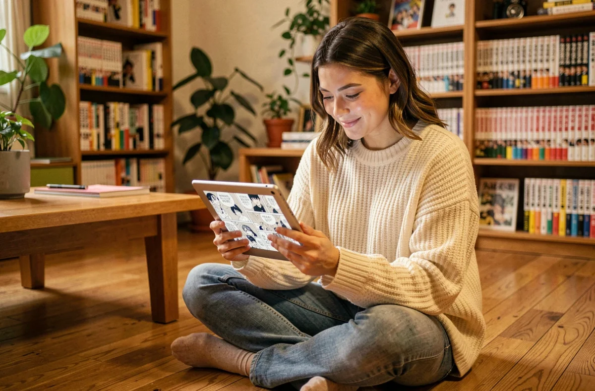 Jeune femme lisant un manga en VF sur une tablette dans son salon, entourée de volumes de manga sur des étagères