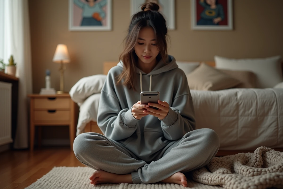 Jeune femme lisant un webtoon sur smartphone dans sa chambre cosy, illustrant la lecture de Just Friends en version française sur mobile