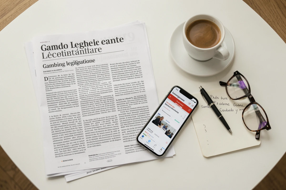 Vue aérienne d'une table de travail avec la législation française sur les jeux en ligne et un site de paris affiché sur smartphone
